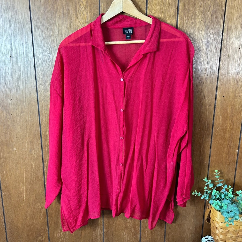 EILEEN FISHER Red Sheer Textured Button Up Shirt Top Oversized Size L